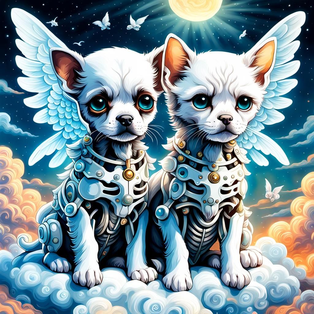 Angel Puppy and Kitten Skeletons on Cloud, Digital Art