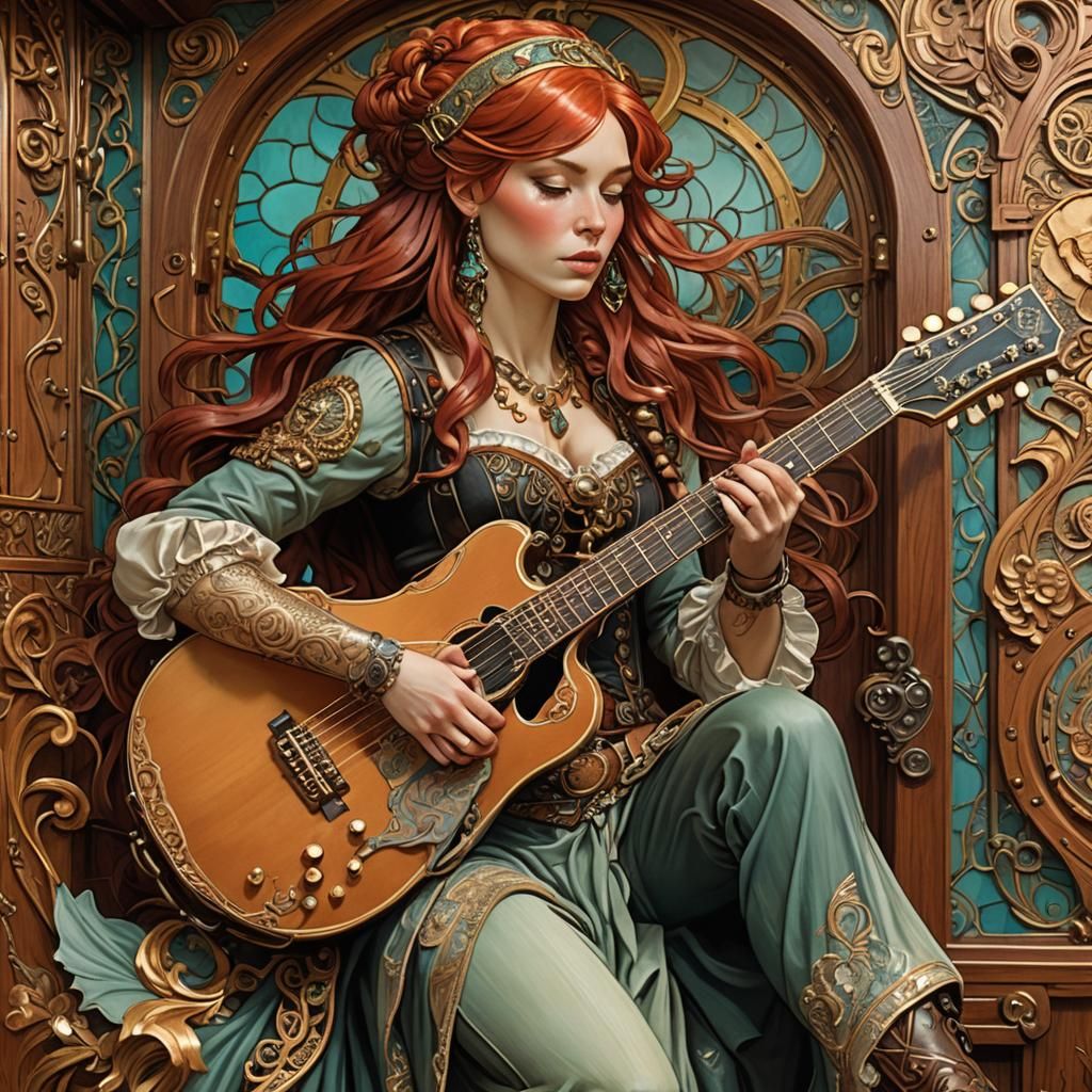 Red-Haired Pirate Plays Guitar in Art Nouveau Style