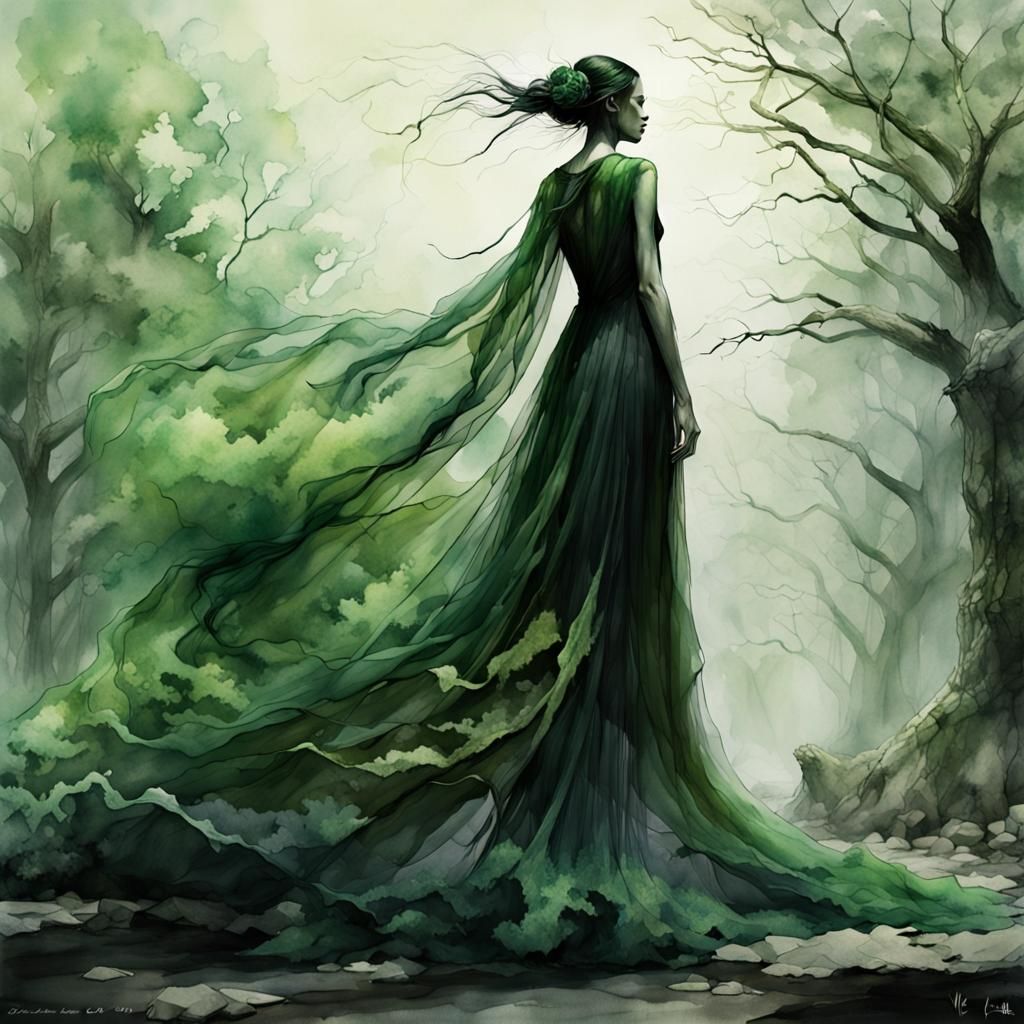 Abstract Botanical Dress in Green Watercolors