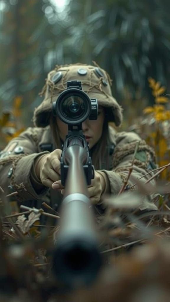 Hyper-Realistic Female Sniper in Ghillie Suit