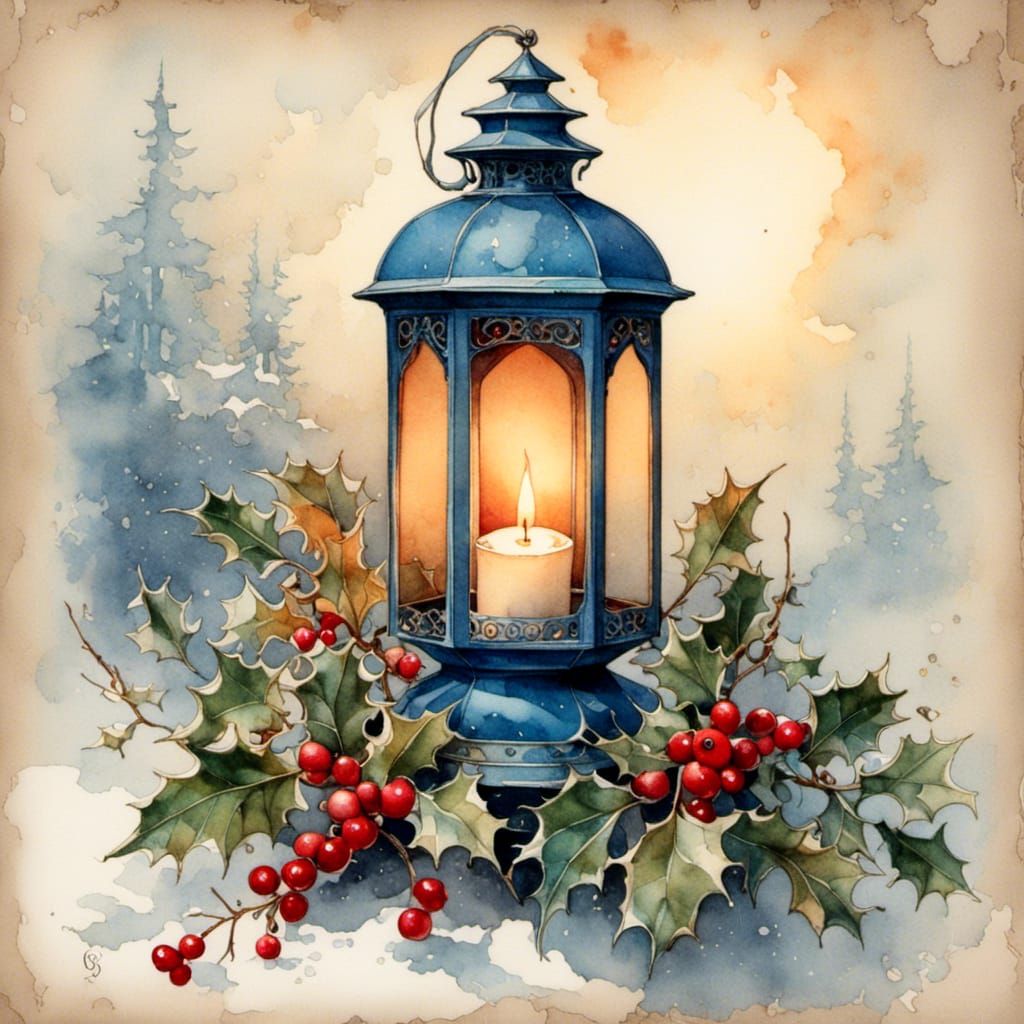 Blue Lantern with Holly in Watercolor Style