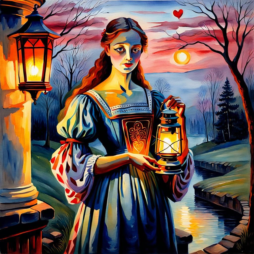 Woman with Lantern: Oil and Watercolor Painting