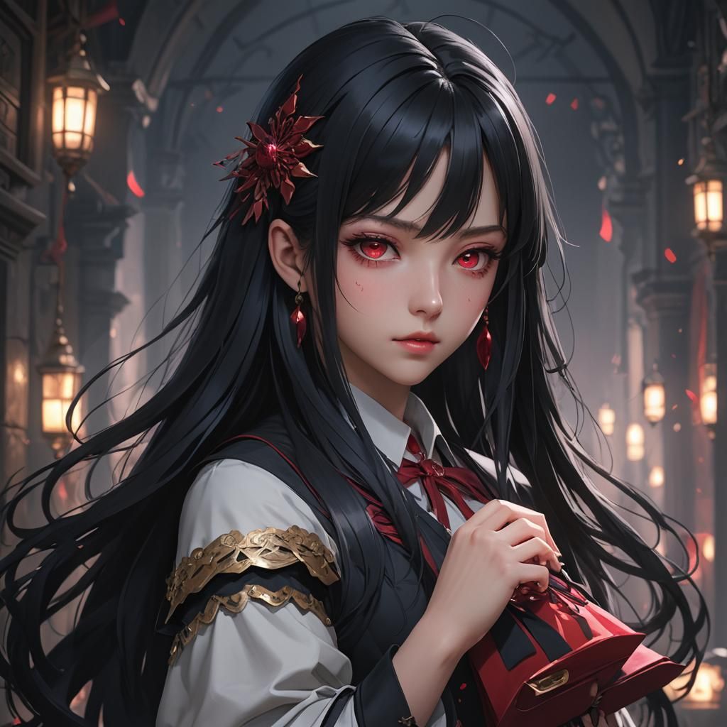 Dark Academia Anime Girl with Ruby Eyes