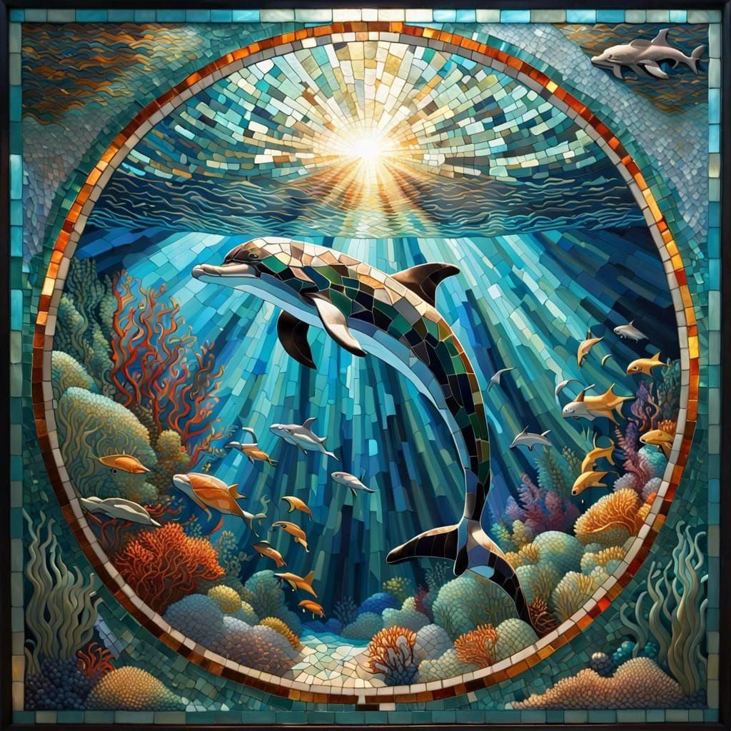 Underwater Dolphin in Mosaic Stained Glass