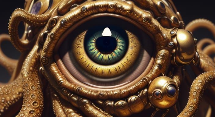 Golden Cyborg Beholder in Detailed Oil Painting Style
