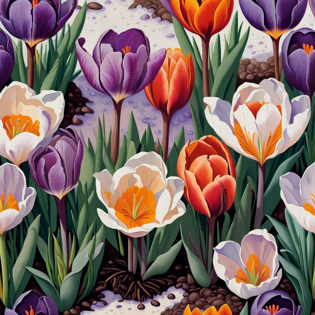 Art by Georgia O'Keeffe, vibrant close-ups of spring flowers emerging, crocuses and tulips breaking through thawing soil...