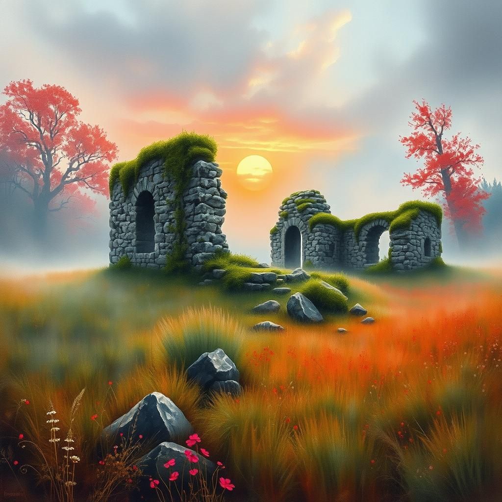 Misty Stone Ruins in an Autumn Landscape