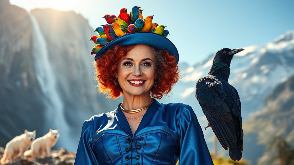 Elegant Woman with Red Hair in Mountain Landscape