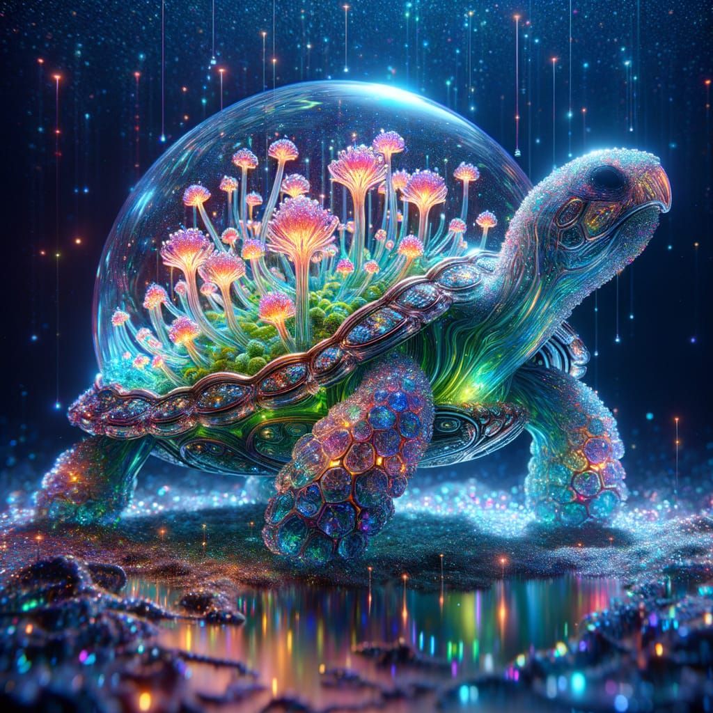 Bioluminescent Plants Inside Crystalline Turtle Sculpture