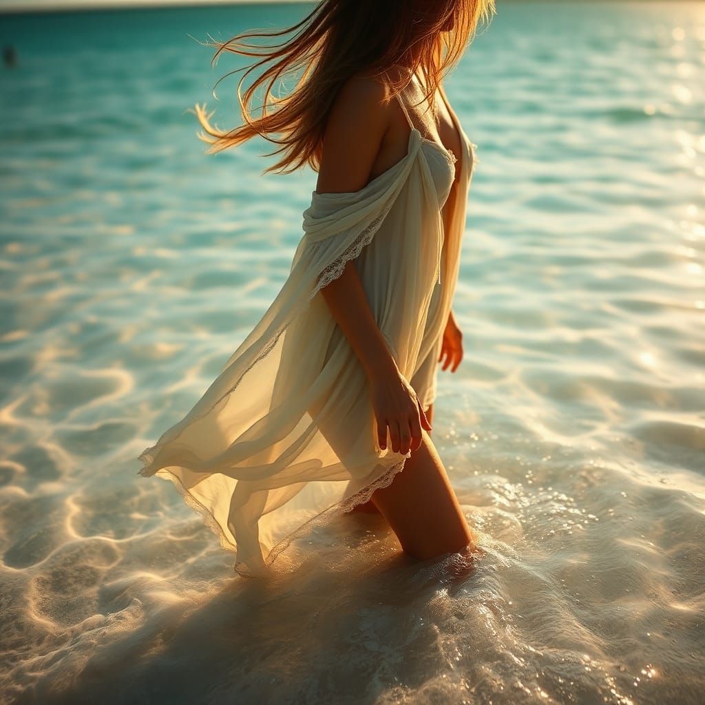 Woman Wades in Turquoise Water: Hyperrealistic Beach Scene