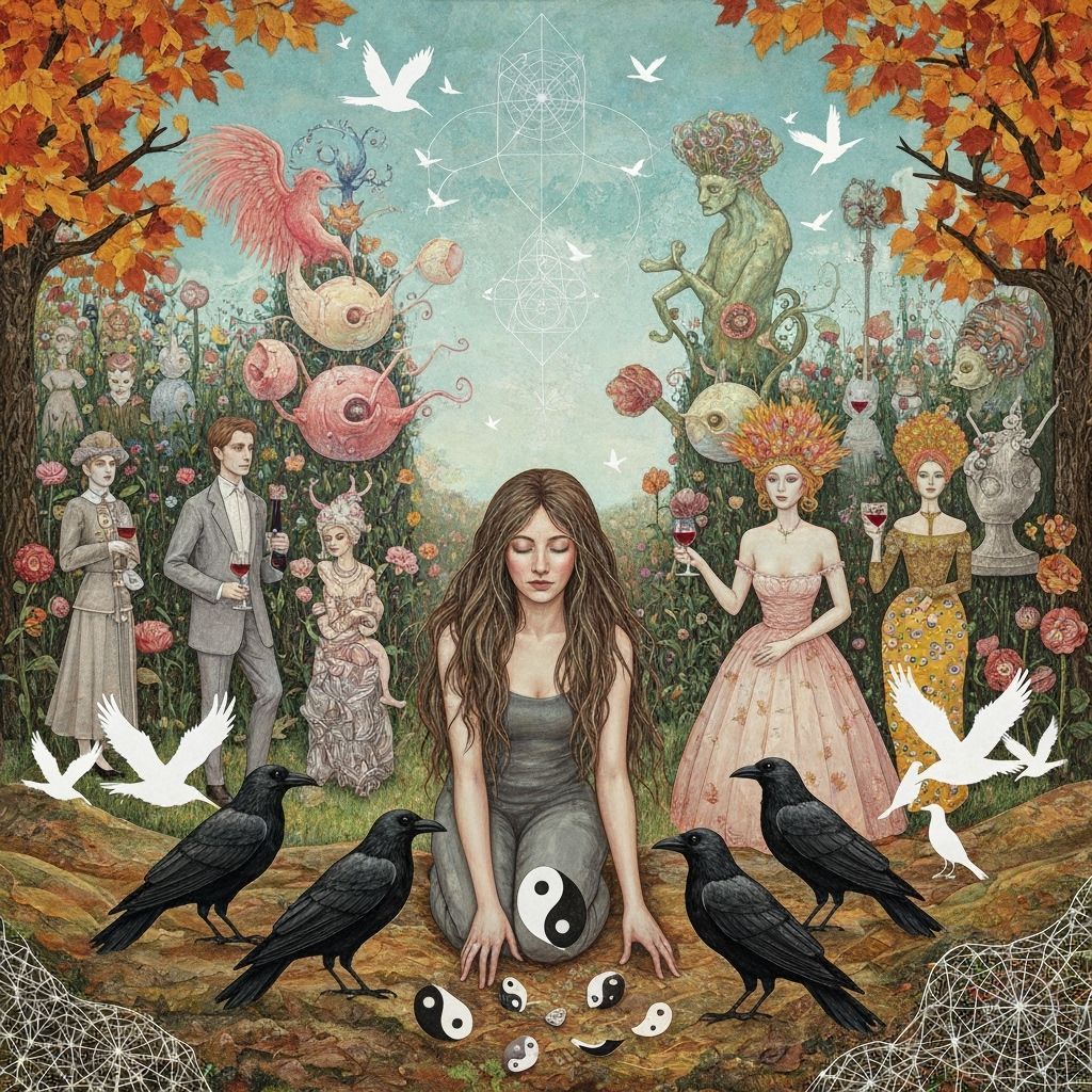 Psychedelic Woman with Crows in Sacred Geometry Art