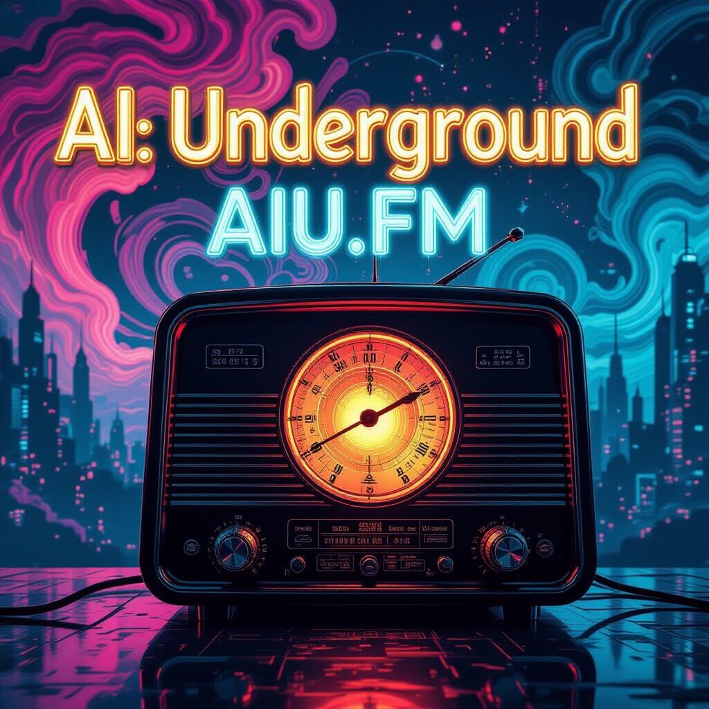 Vintage Radio with Cyberpunk Text in Art Deco Style