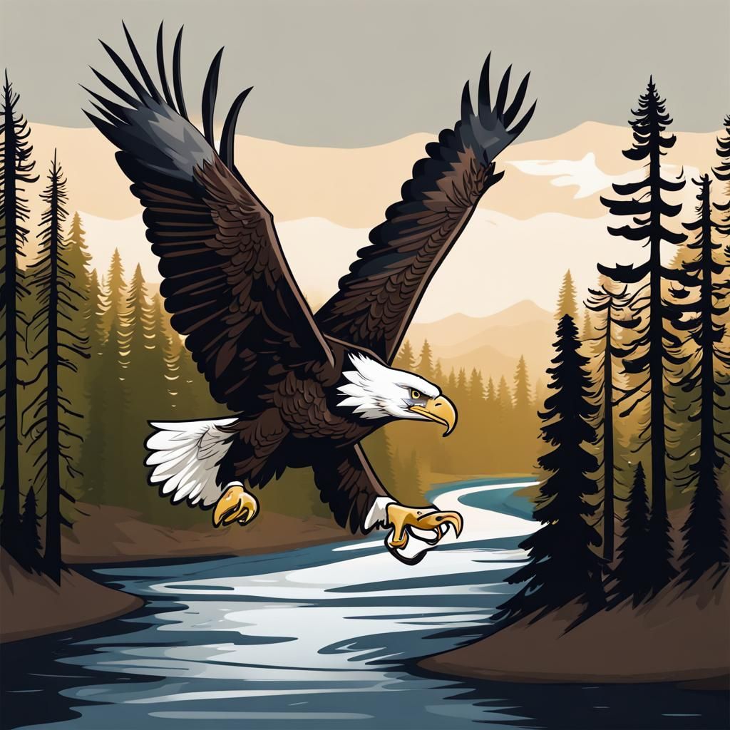 Bald Eagle Soaring Above Pine Forest and River