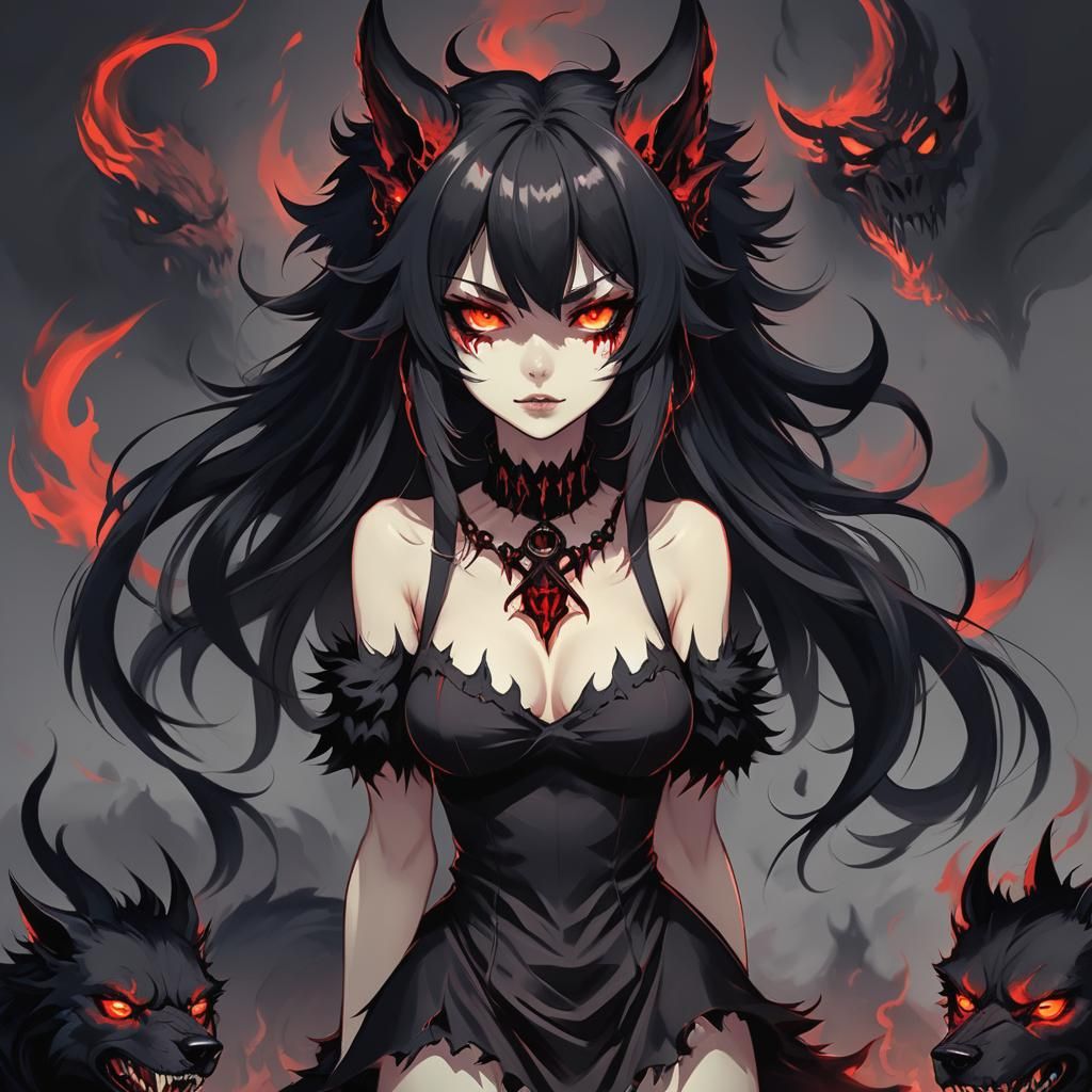 Demonic Hellhound Girl in Anime Style