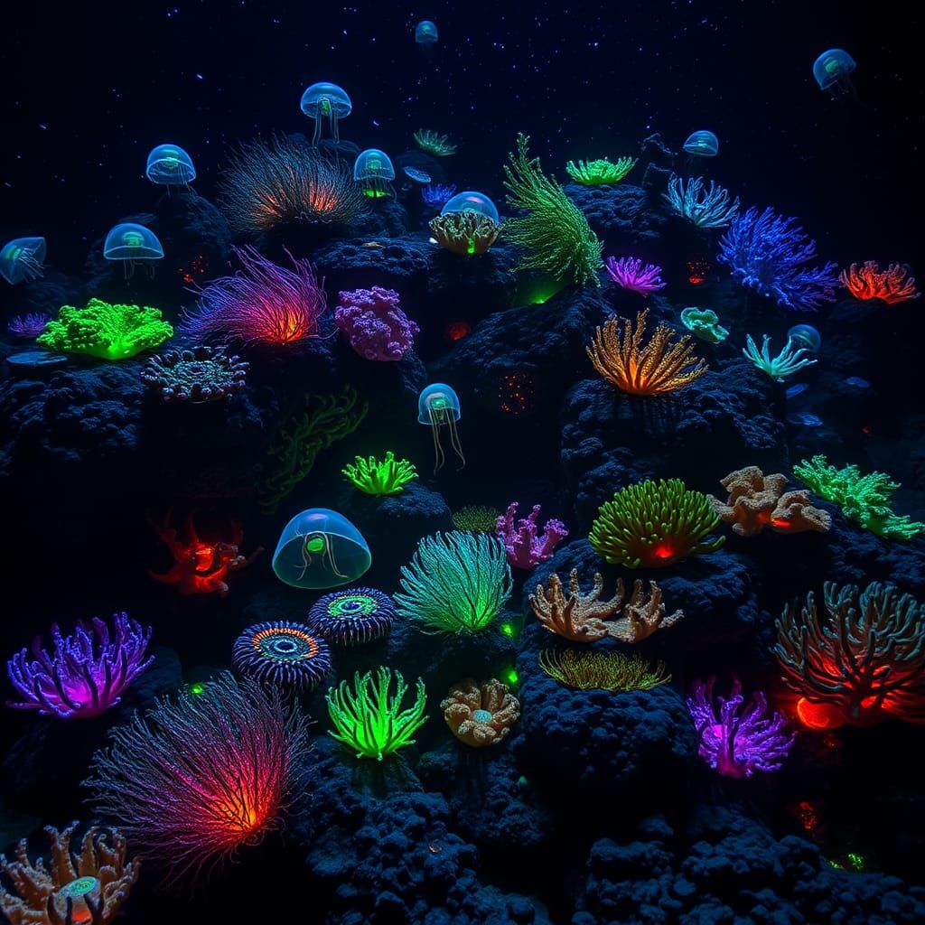 Biofluorescent Reef at Night: A Hyper-Detailed Photo