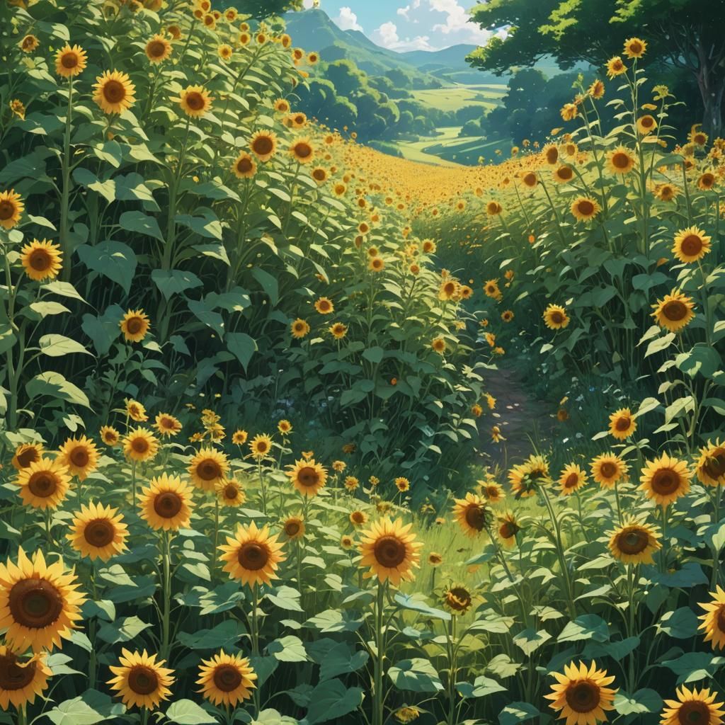 Sunflower Meadow in Studio Ghibli Anime Style
