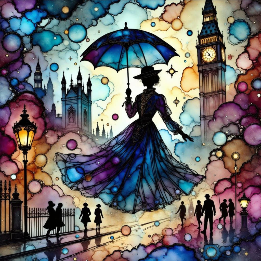 Stunning Mary Poppins Stained Glass Scene Over London