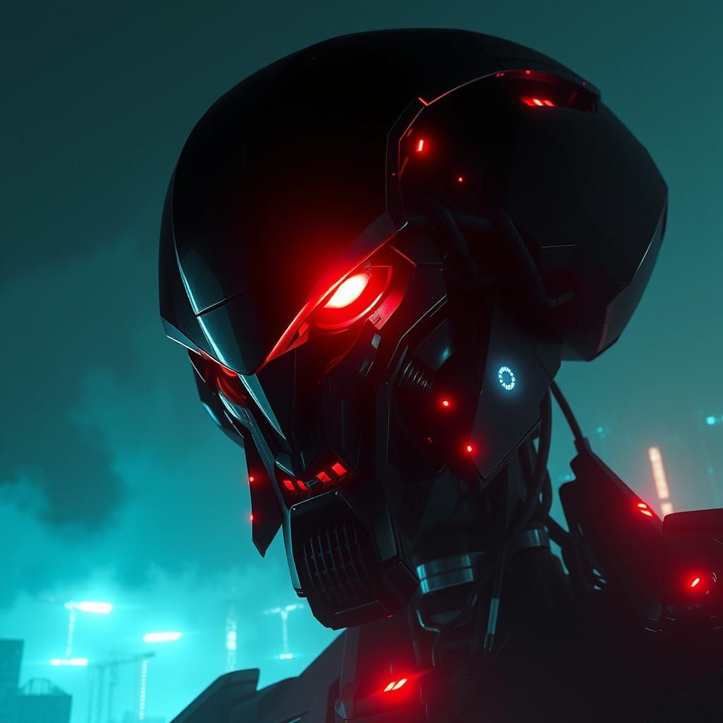 Menacing Cyberpunk Robot in Dystopian Metropolis