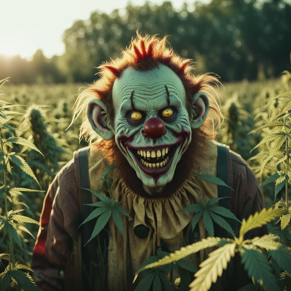Eerie Zombie Clown Monkey in Cannabis Field