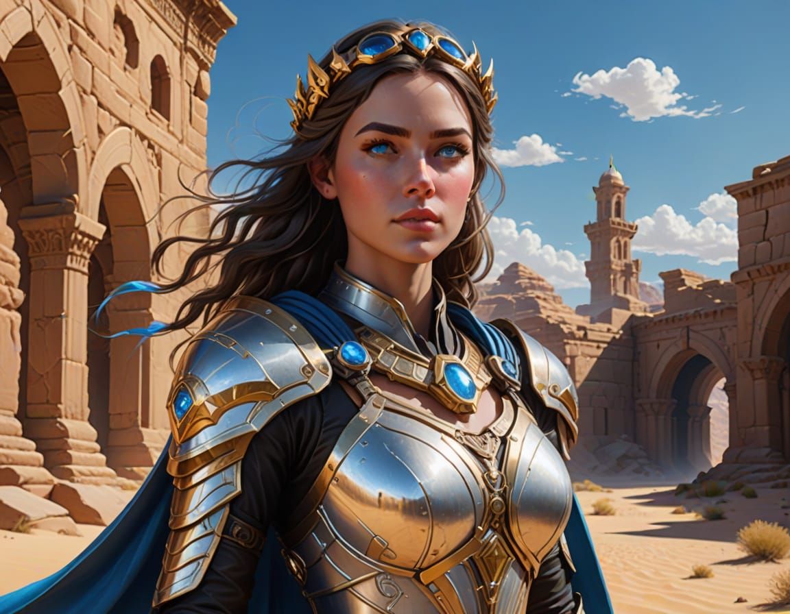Sci-Fi Nomad Princess in Windswept Desert: Oil Painting