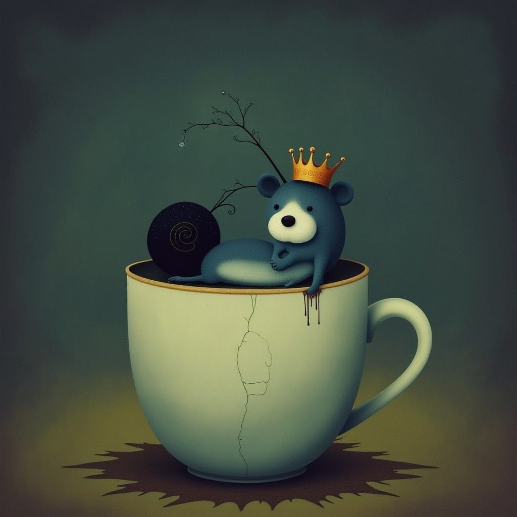Melancholy Bear King on Cracked Teacup Painting