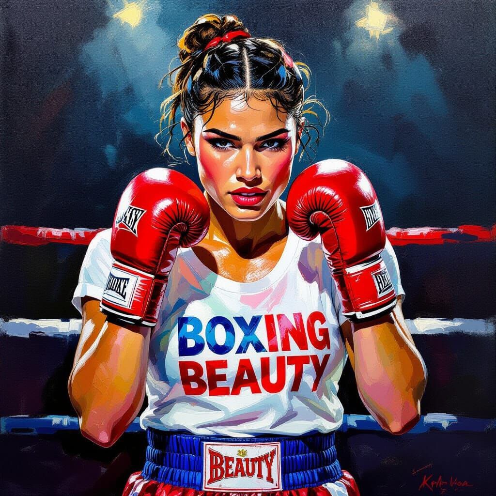 Triumphant Boxer Touches Up Makeup in Energetic Oil Painting