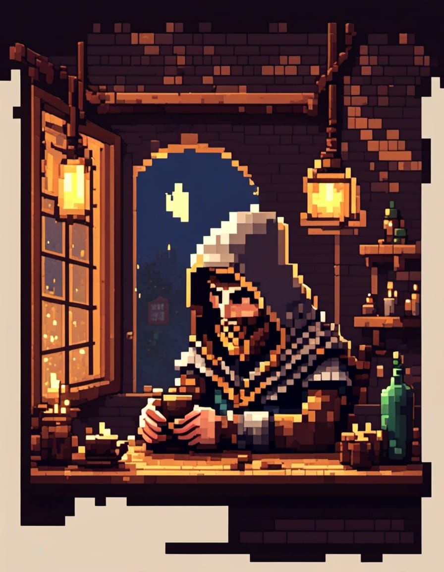 Assassin in Tavern: Low-Poly Pixel Art