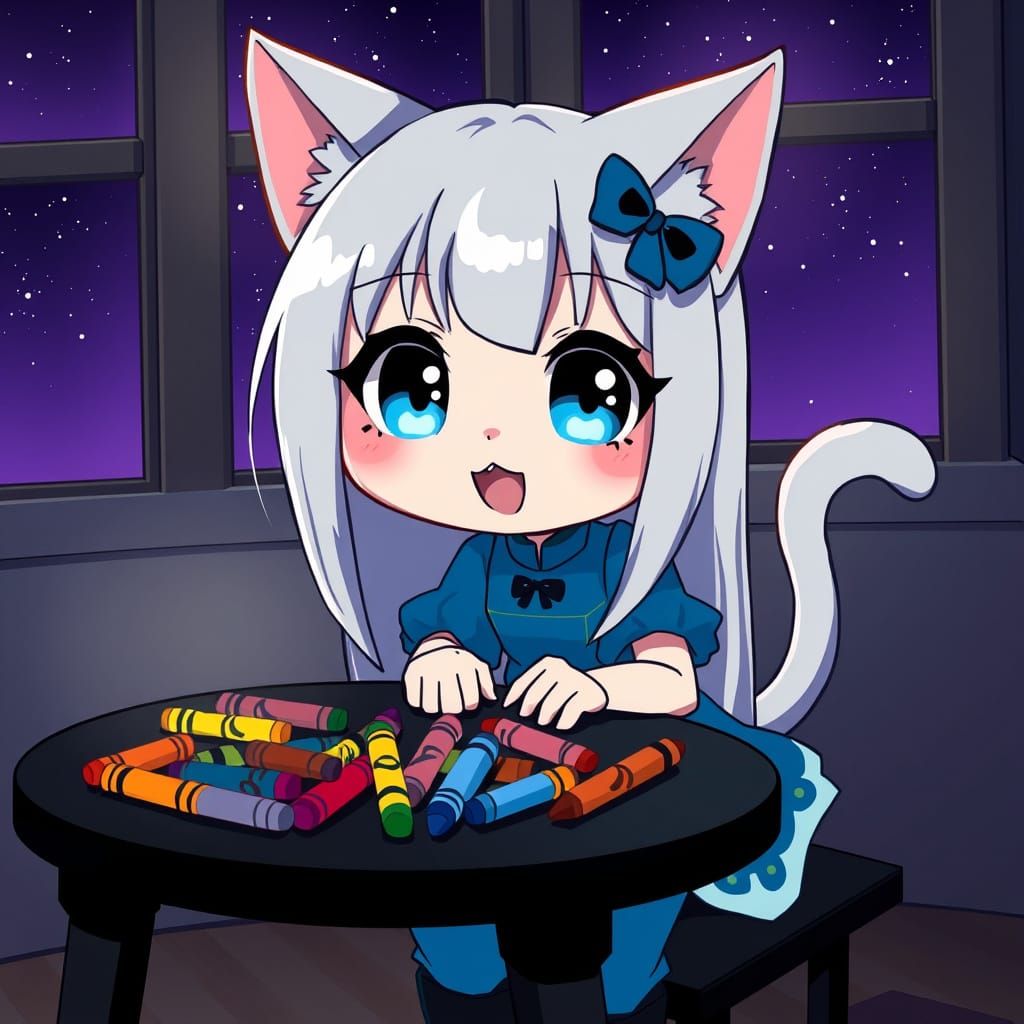 Kawaii Catgirl Creator in Synthwave Nighttime Scene