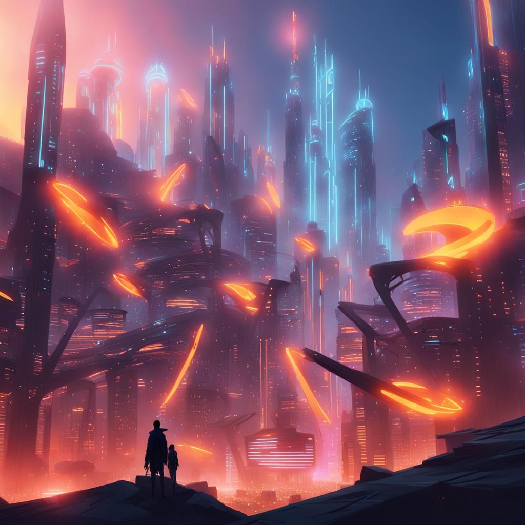 Futuristic Alien Cityscape in Neon Anime Style