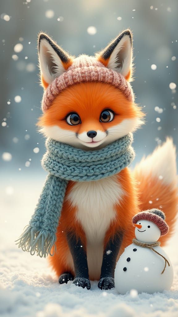 Happy Fox in Winter Wonderland Wearing Scarf and Hat