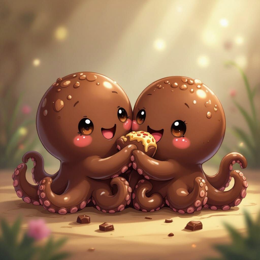 Cute Anime Chocolate Octopuses Hugging and Eating