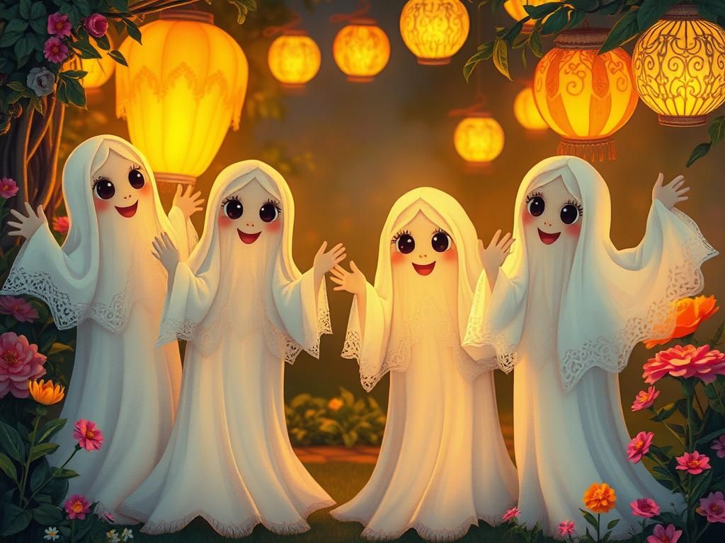 Ghosts' Whimsical Garden Party with Glowing Lanterns