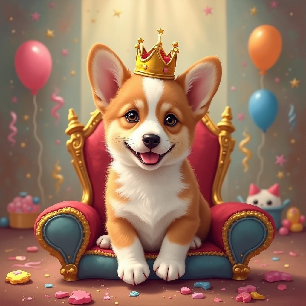 Corgi Puppy King on Plush Pillow Throne