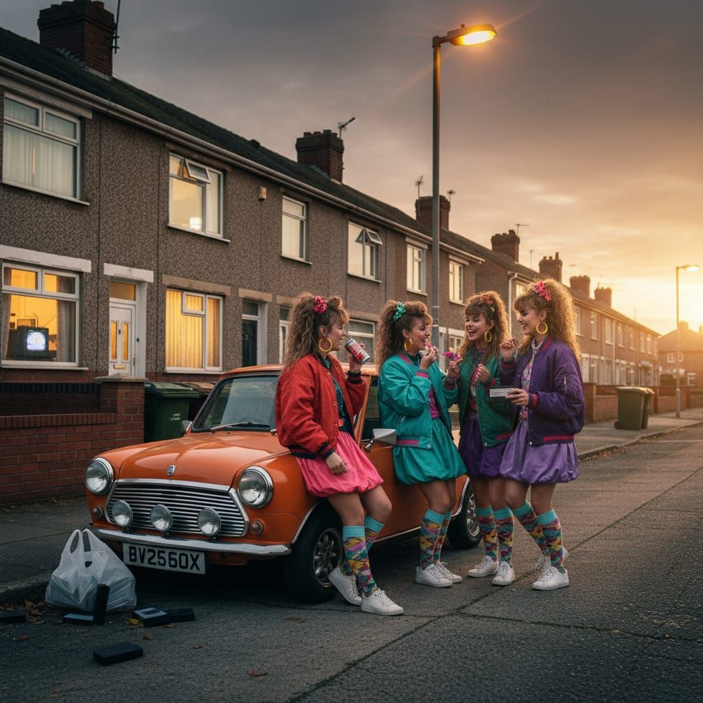 1980s Teen Girls in Housing Estate at Dusk
