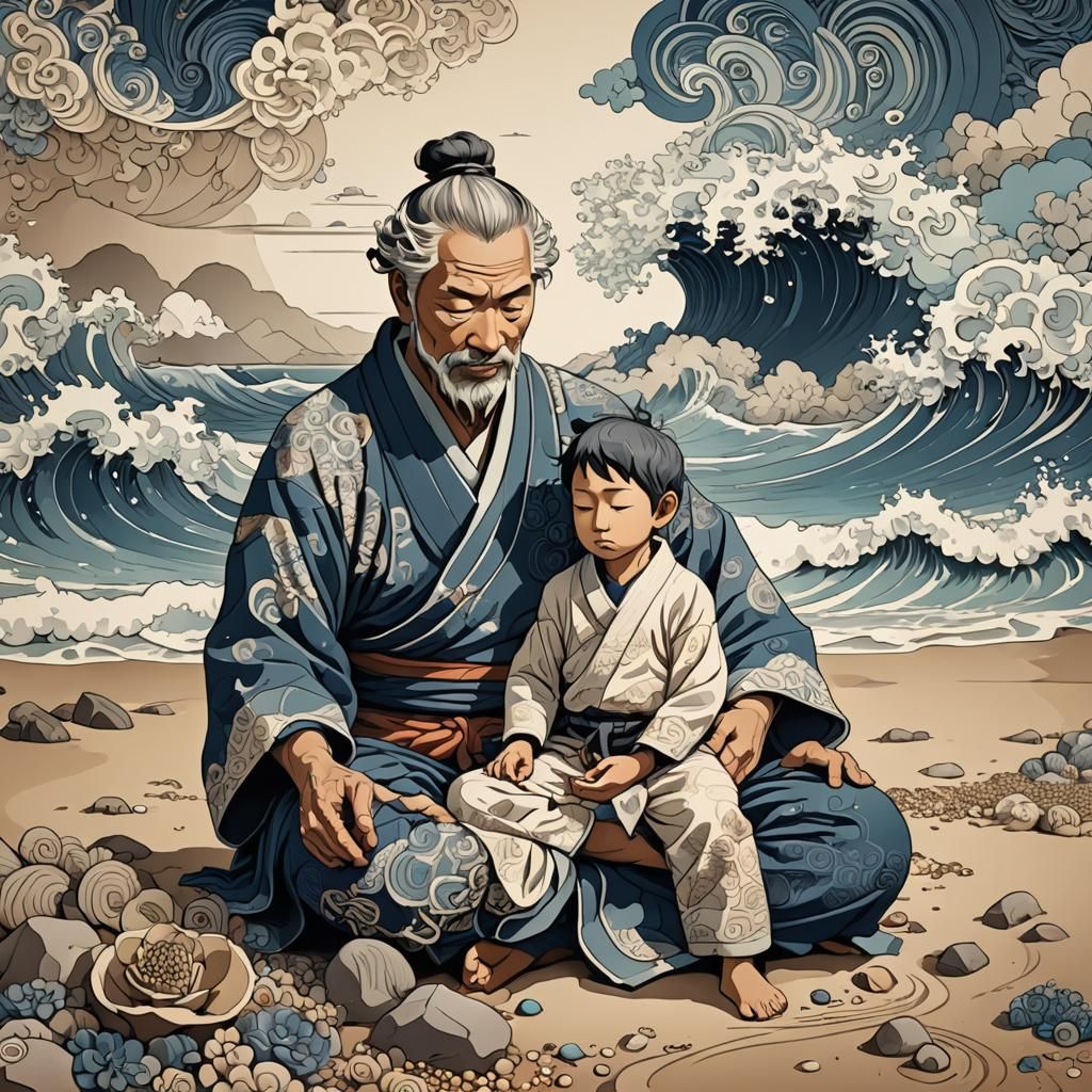 Meditating Father and Son: Oriental Art Style