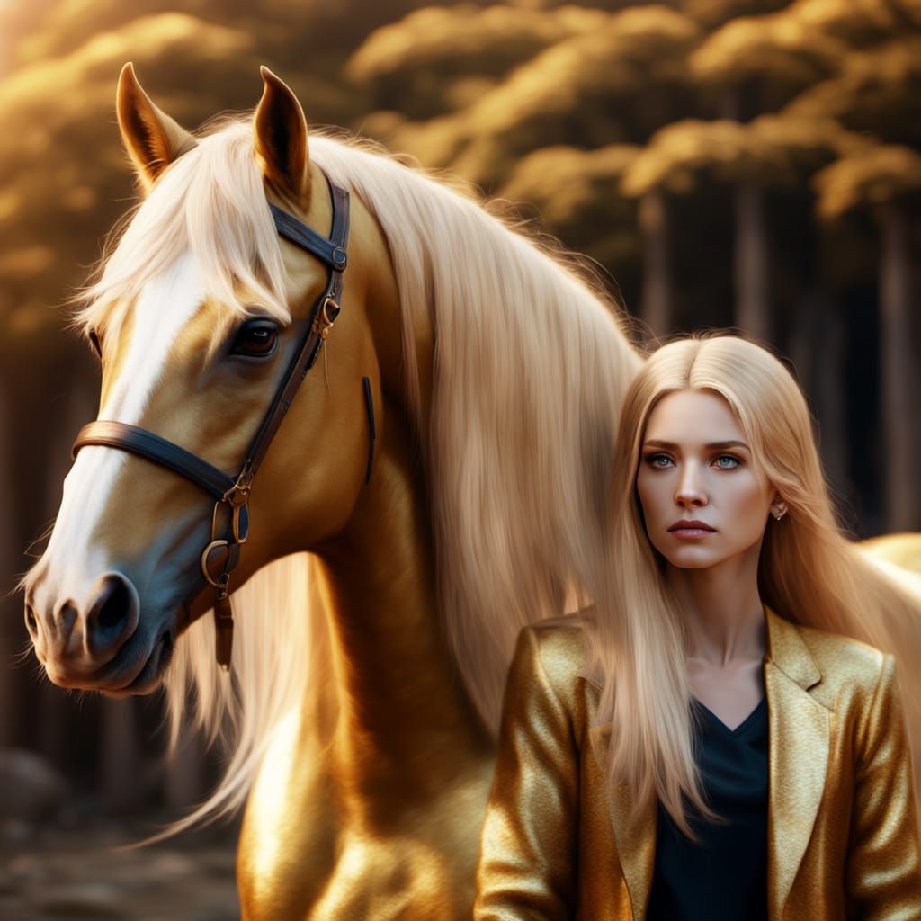 Golden Horse and Blonde Woman: Fantasy Art