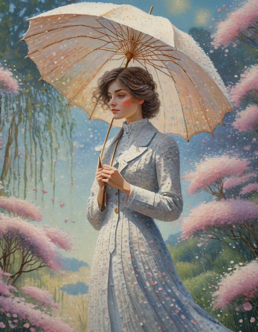 Woman with Parasol in Pointillism Style
