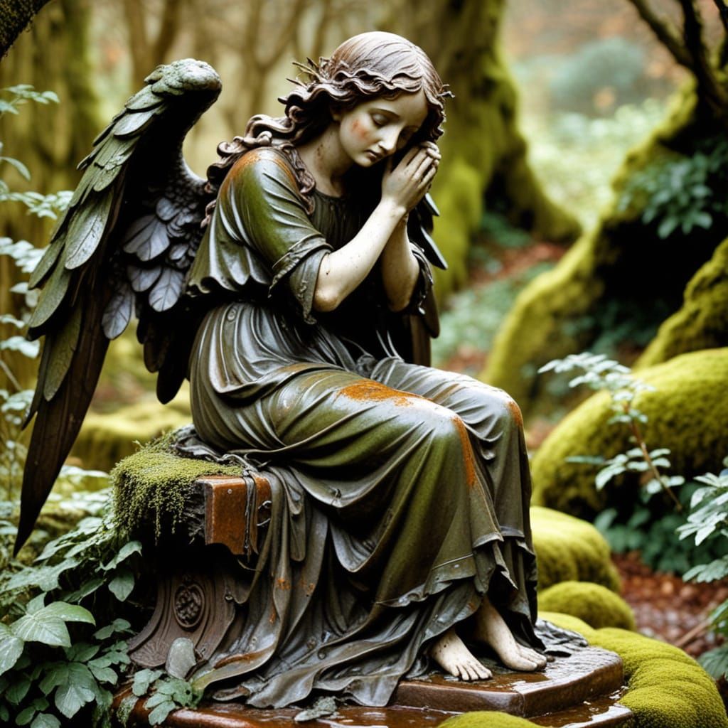 Lonely Gothic Angel Statue Amidst Mossy Ruins in Pre-Raphael...