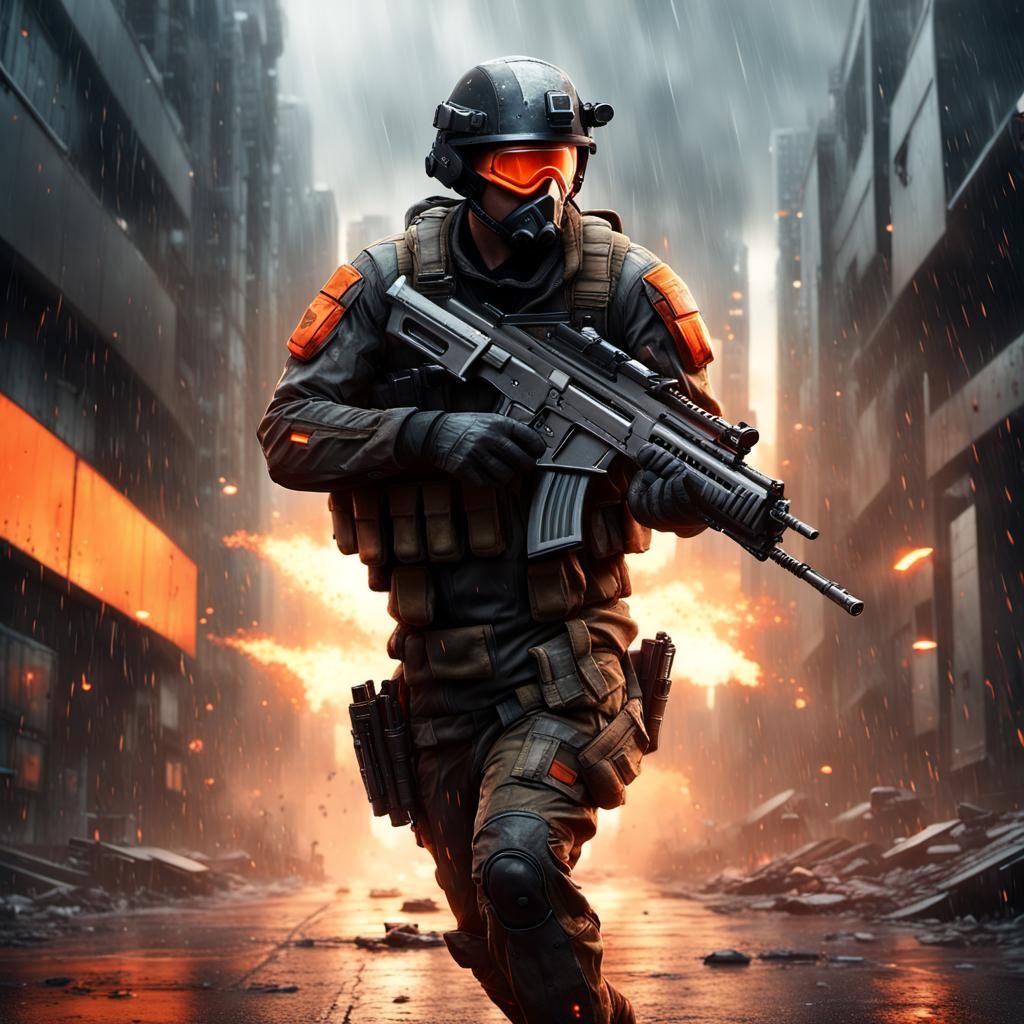 Sci-Fi Soldier in Warzone with Assault Rifle