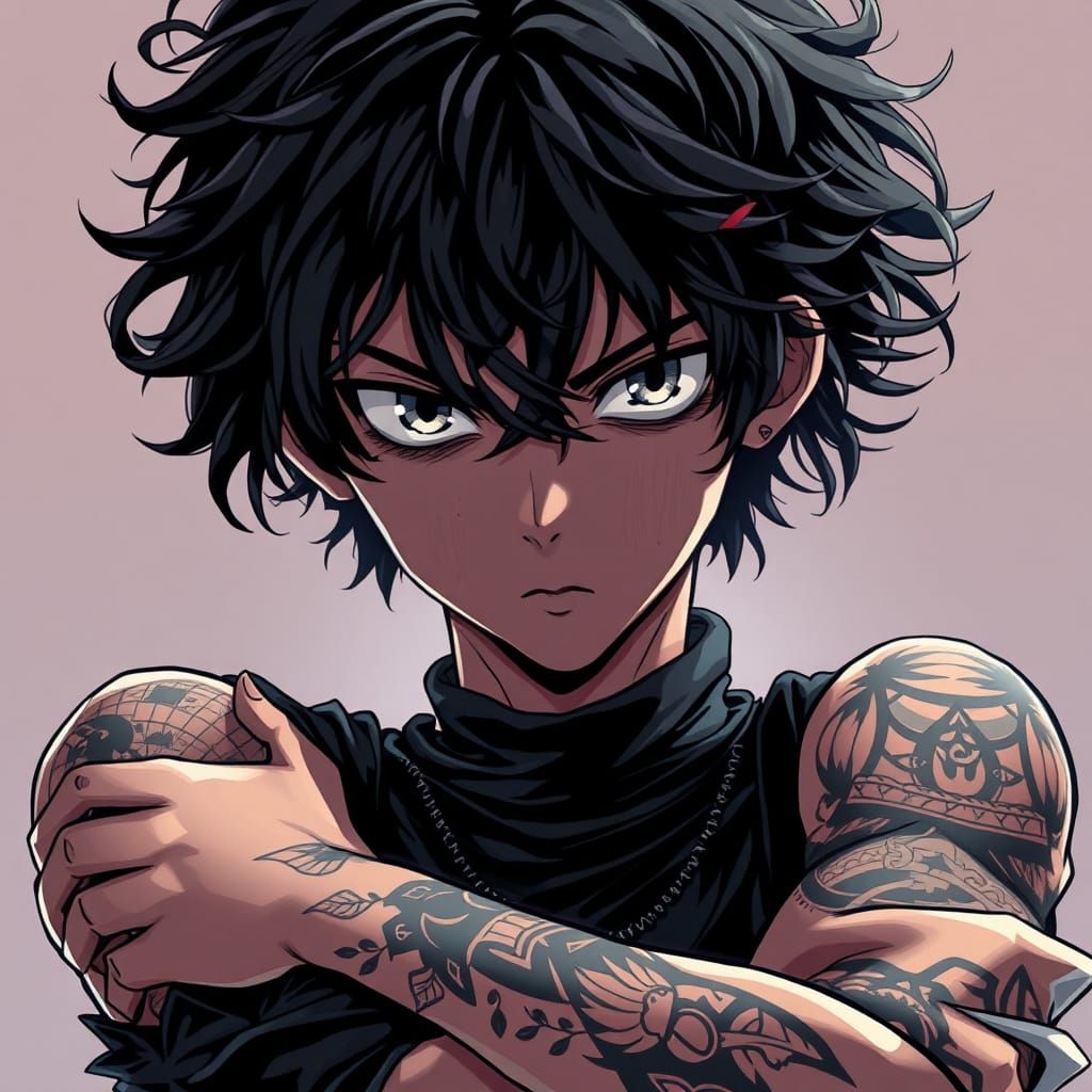 Mysterious Anime Boy with Tattoos in Studio Trigger Style