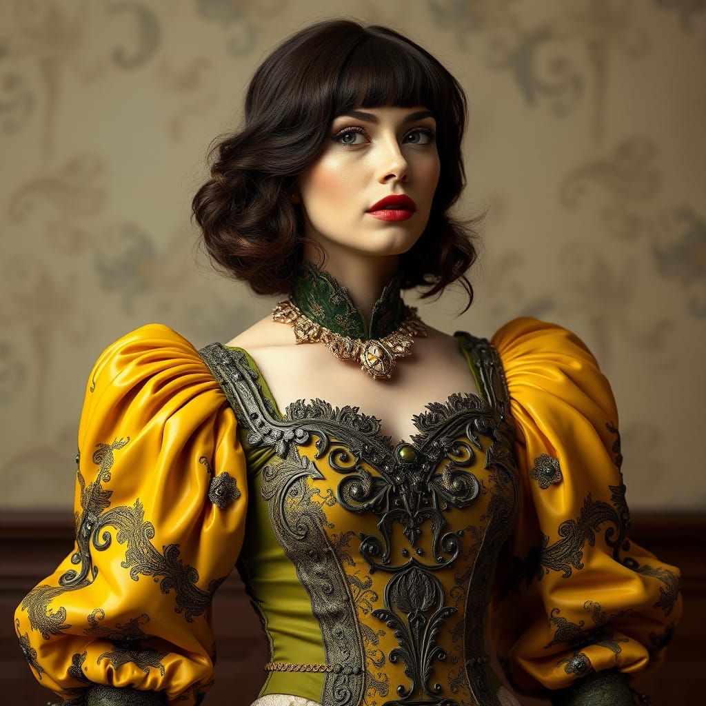 Edwardian Woman in Green and Yellow Latex Dress