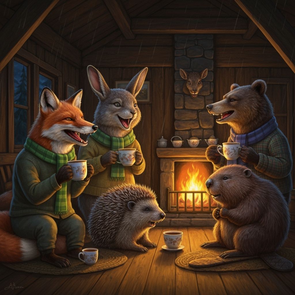Cozy Cabin Scene with Forest Animals Drinking Tea
