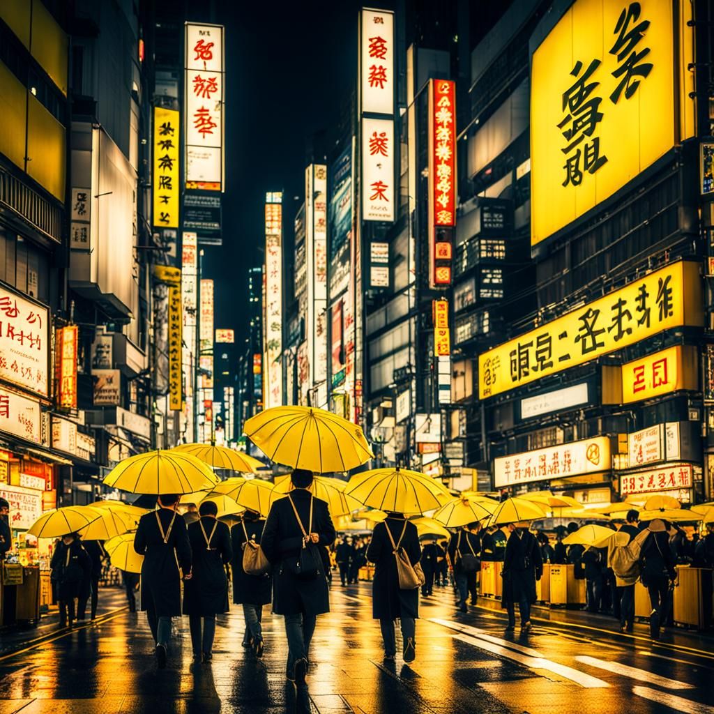 Akihabara Street Scene with Yellow Umbrellas