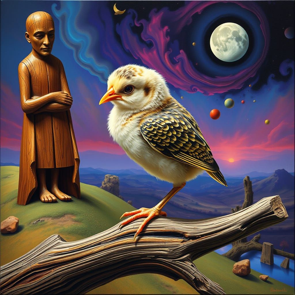 Intricate Chick in Dreamlike Surrealist Landscape