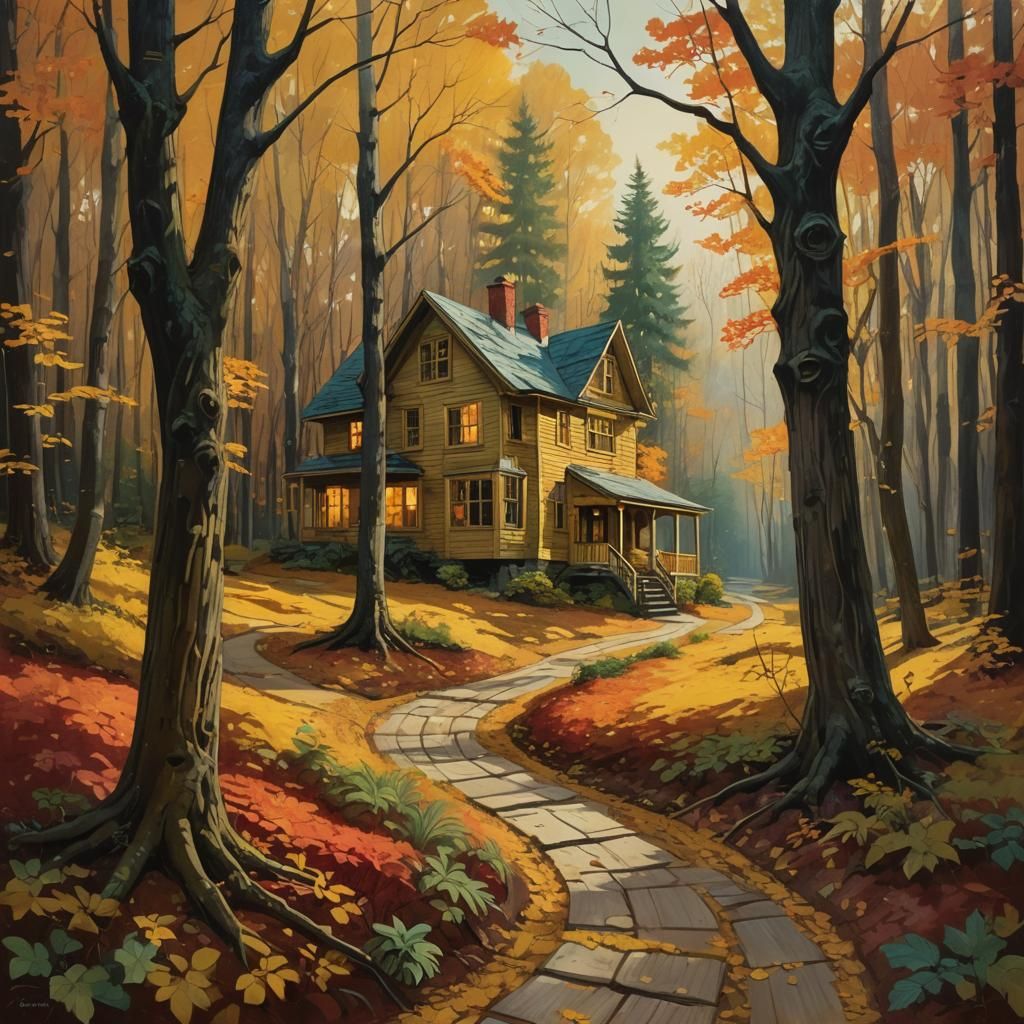 Magical Realism: Winding Path Through Autumn Woods