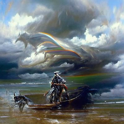Wasteland Rider on Dark Horse in Oil Painting