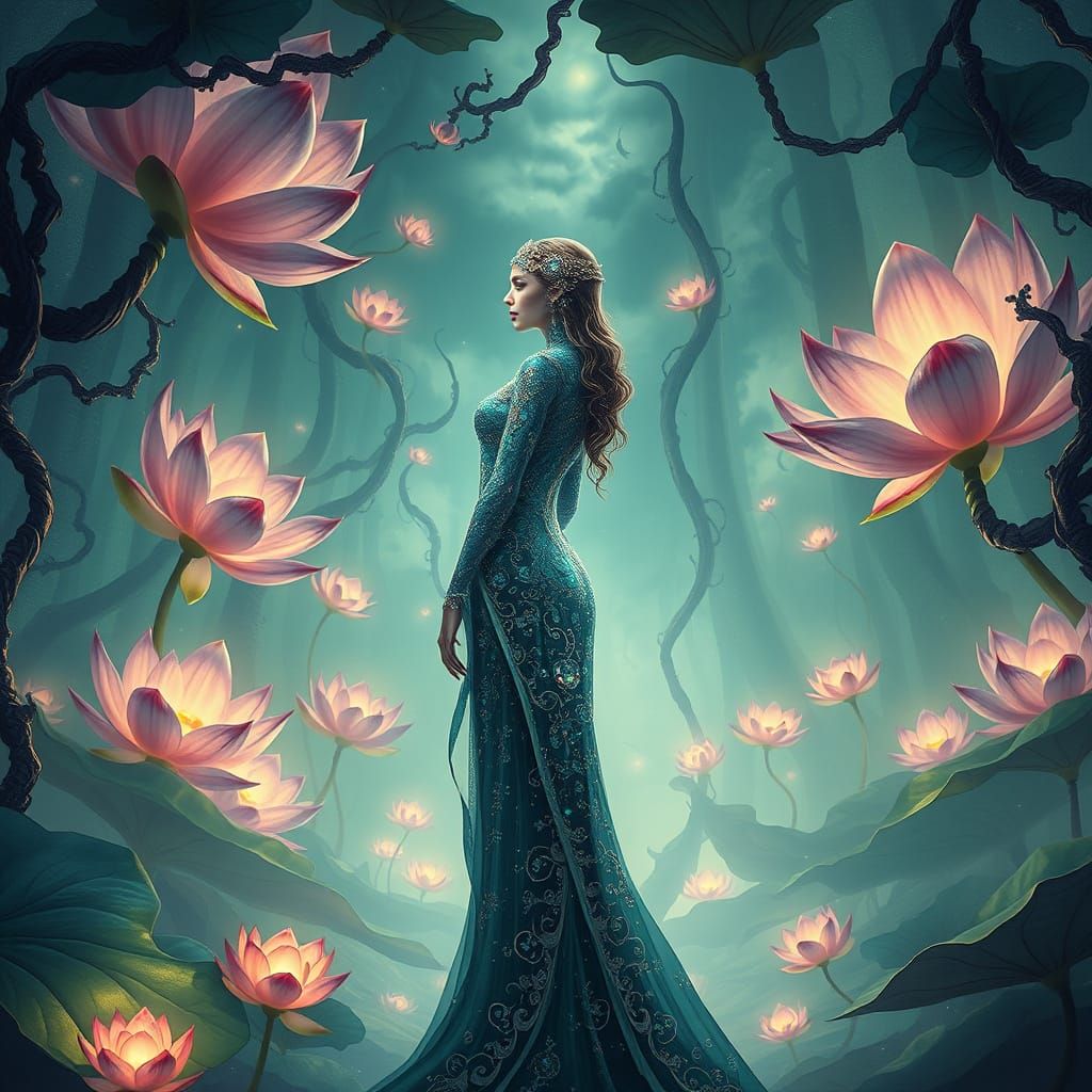 Sorceress Amidst Iridescent Dreamscape