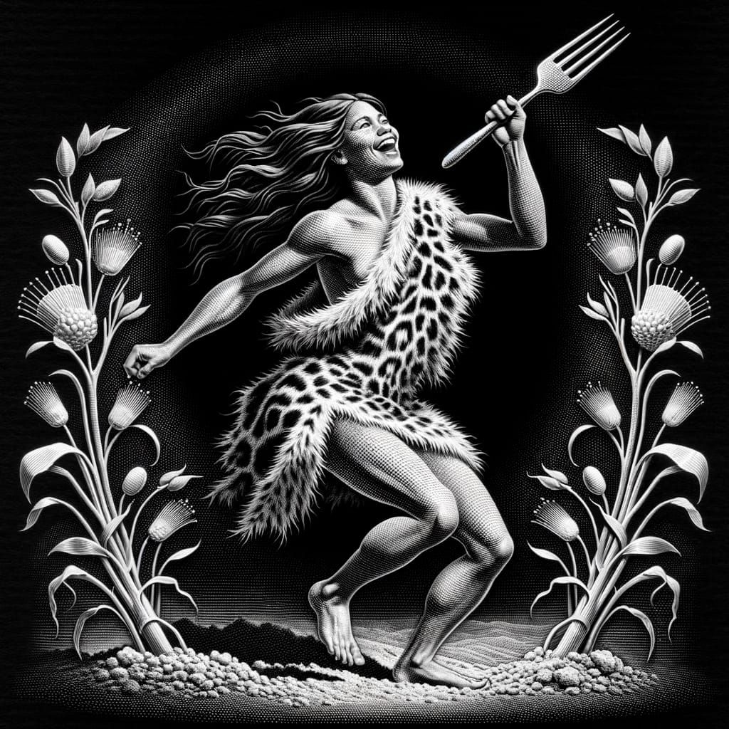 Cavewoman Celebrates Farming in Detailed Engraving