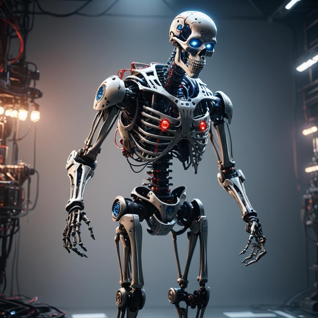 Robotic Skeleton with LED Lights in 3D Rendering