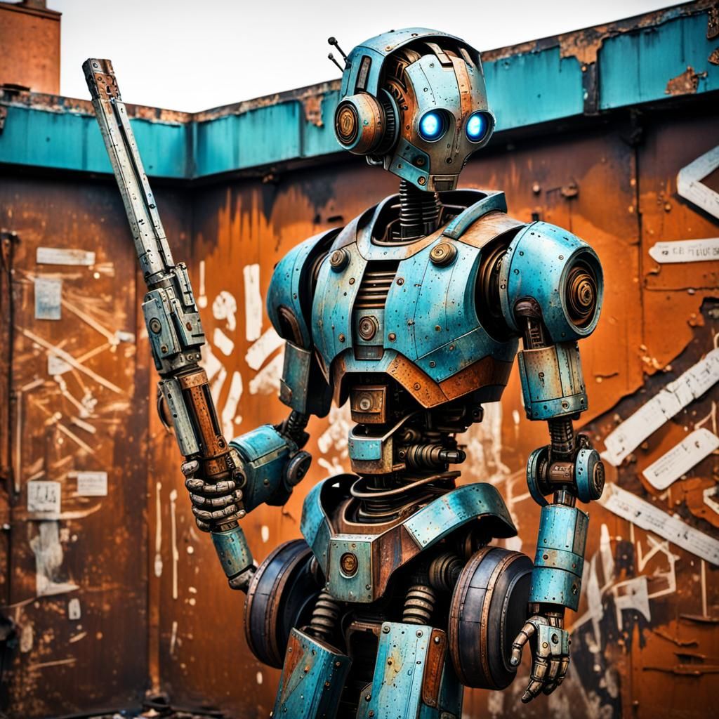 Retrofuturistic Robot Reads in Dim Library as Graffiti Art
